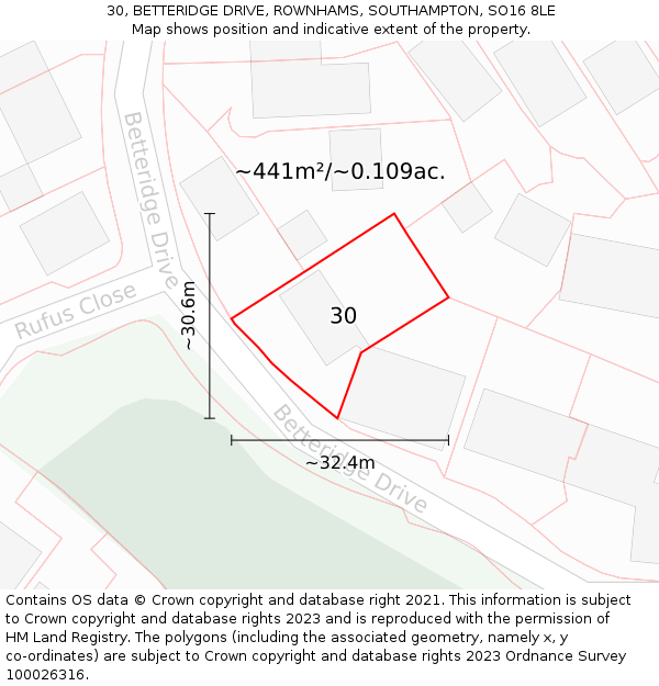 30, BETTERIDGE DRIVE, ROWNHAMS, SOUTHAMPTON, SO16 8LE: Plot and title map