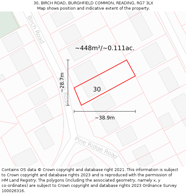 30, BIRCH ROAD, BURGHFIELD COMMON, READING, RG7 3LX: Plot and title map