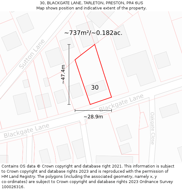 30, BLACKGATE LANE, TARLETON, PRESTON, PR4 6US: Plot and title map