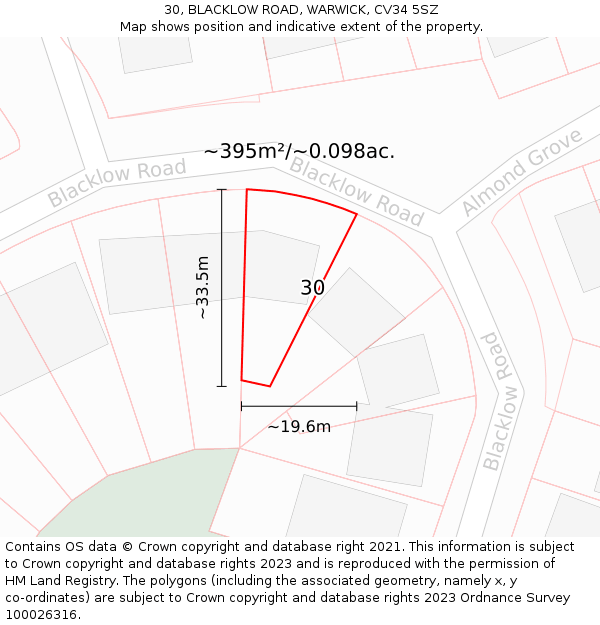 30, BLACKLOW ROAD, WARWICK, CV34 5SZ: Plot and title map