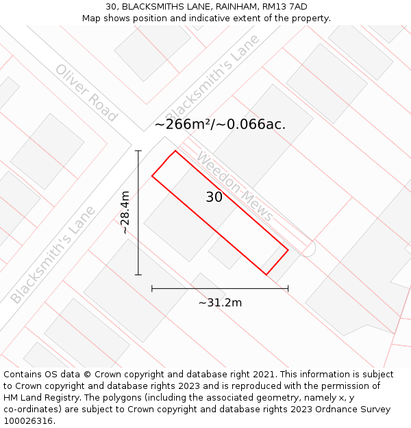 30, BLACKSMITHS LANE, RAINHAM, RM13 7AD: Plot and title map