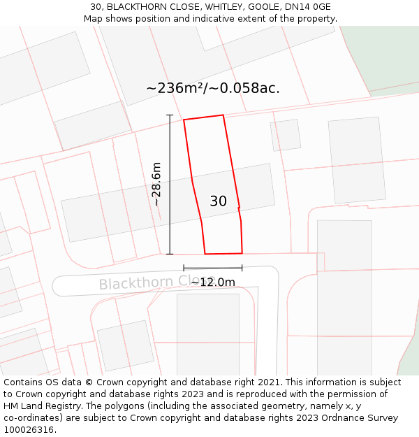 30, BLACKTHORN CLOSE, WHITLEY, GOOLE, DN14 0GE: Plot and title map