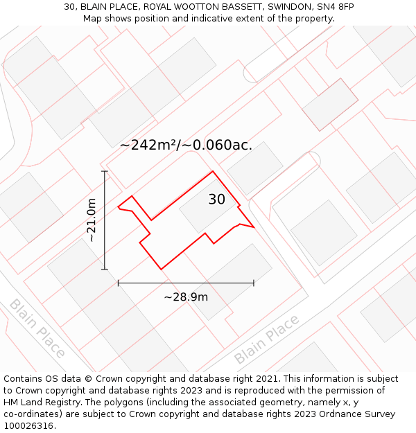 30, BLAIN PLACE, ROYAL WOOTTON BASSETT, SWINDON, SN4 8FP: Plot and title map