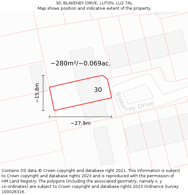 30, BLAKENEY DRIVE, LUTON, LU2 7AL: Plot and title map