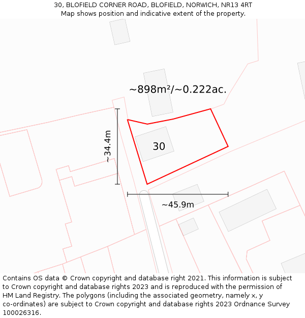 30, BLOFIELD CORNER ROAD, BLOFIELD, NORWICH, NR13 4RT: Plot and title map