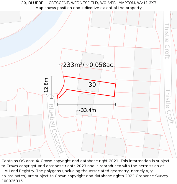 30, BLUEBELL CRESCENT, WEDNESFIELD, WOLVERHAMPTON, WV11 3XB: Plot and title map
