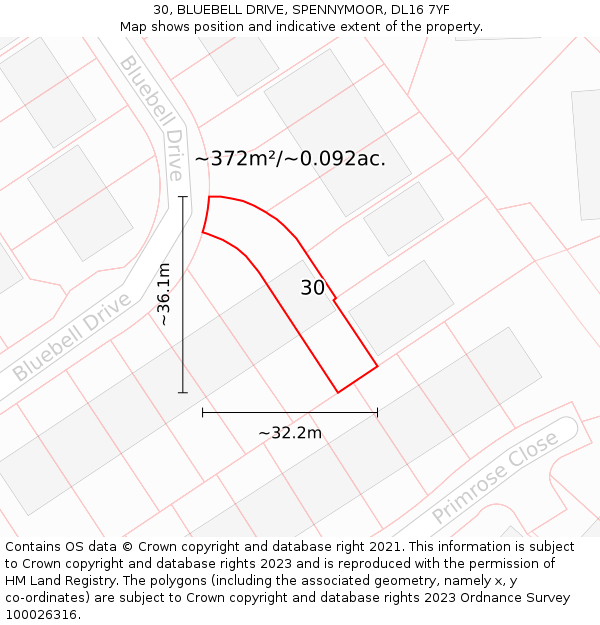 30, BLUEBELL DRIVE, SPENNYMOOR, DL16 7YF: Plot and title map