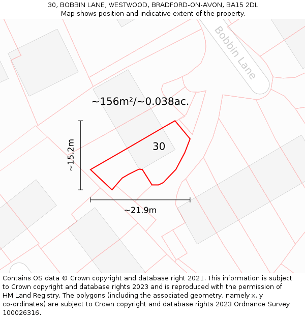 30, BOBBIN LANE, WESTWOOD, BRADFORD-ON-AVON, BA15 2DL: Plot and title map