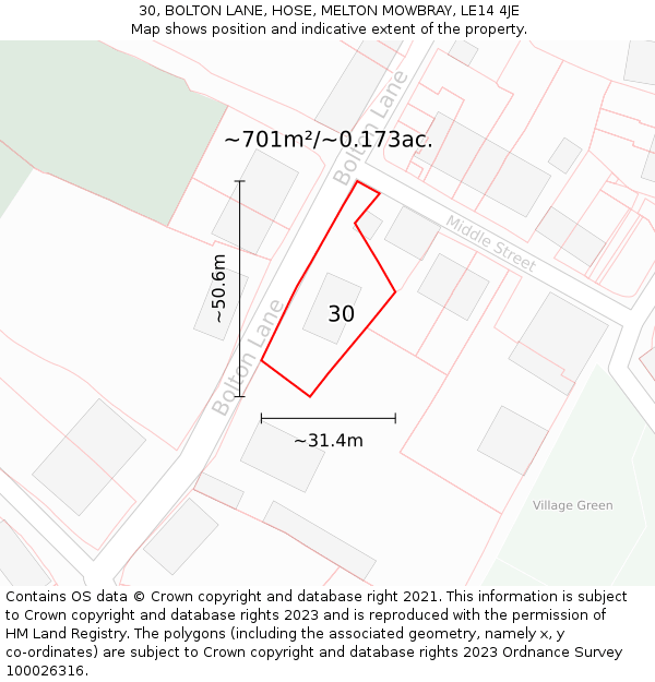 30, BOLTON LANE, HOSE, MELTON MOWBRAY, LE14 4JE: Plot and title map