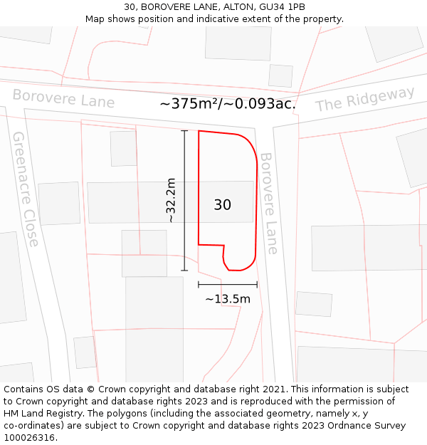 30, BOROVERE LANE, ALTON, GU34 1PB: Plot and title map