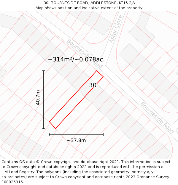 30, BOURNESIDE ROAD, ADDLESTONE, KT15 2JA: Plot and title map