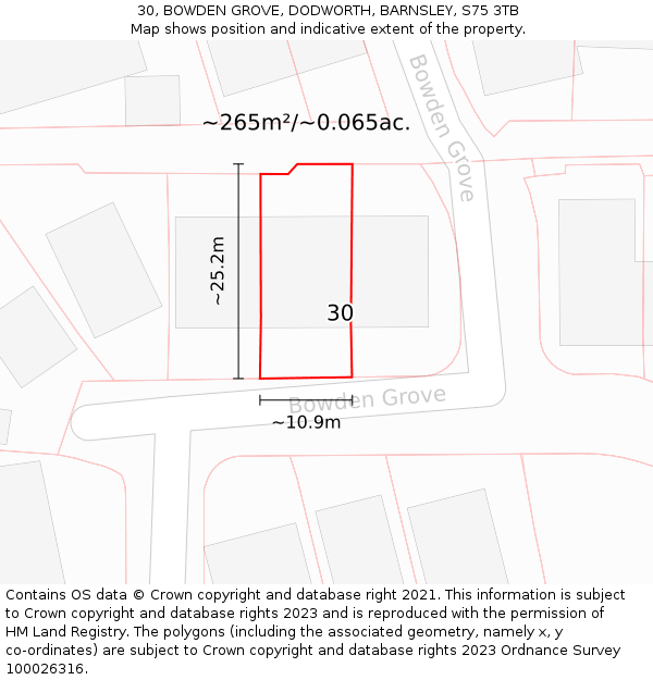 30, BOWDEN GROVE, DODWORTH, BARNSLEY, S75 3TB: Plot and title map