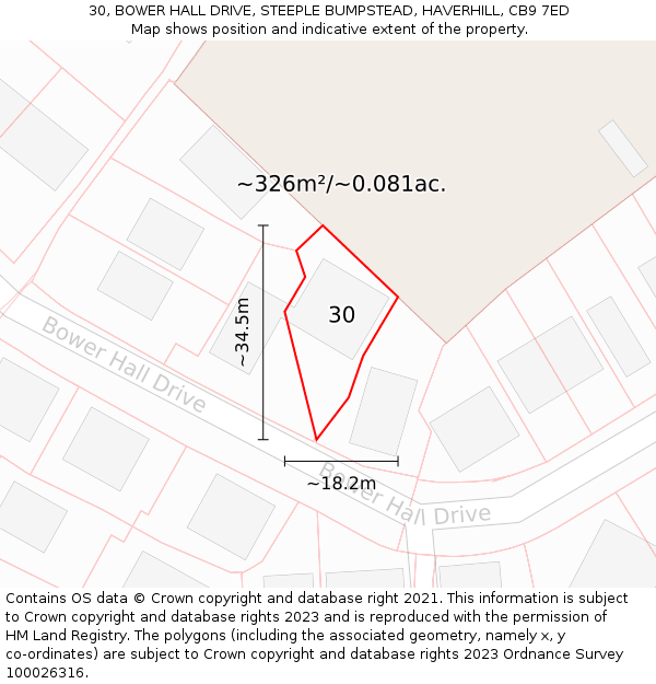 30, BOWER HALL DRIVE, STEEPLE BUMPSTEAD, HAVERHILL, CB9 7ED: Plot and title map