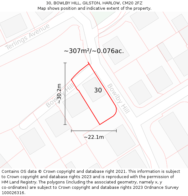 30, BOWLBY HILL, GILSTON, HARLOW, CM20 2FZ: Plot and title map