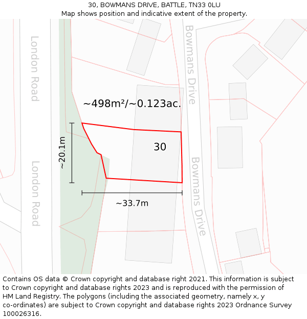 30, BOWMANS DRIVE, BATTLE, TN33 0LU: Plot and title map