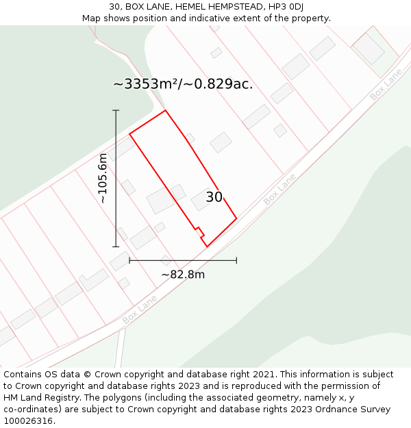 30, BOX LANE, HEMEL HEMPSTEAD, HP3 0DJ: Plot and title map