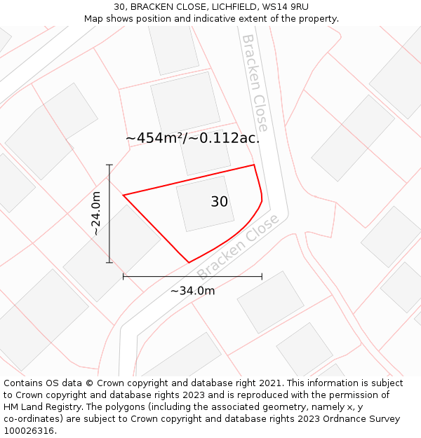30, BRACKEN CLOSE, LICHFIELD, WS14 9RU: Plot and title map