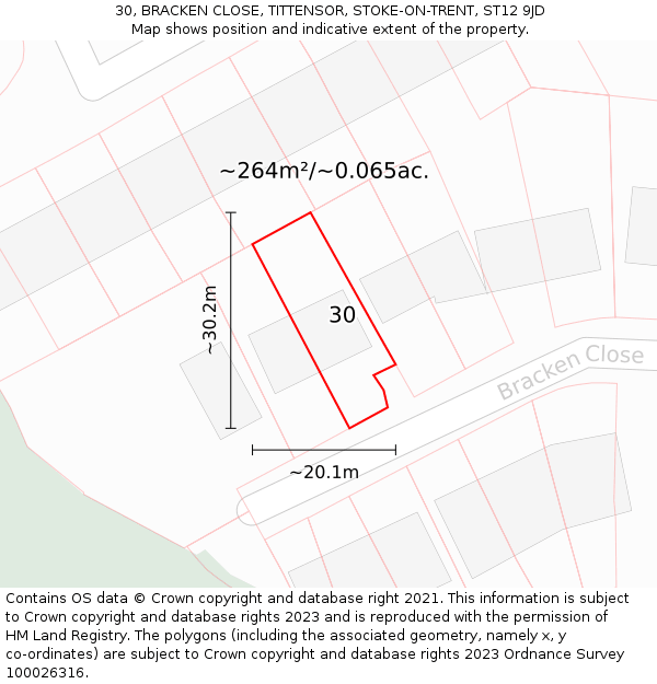 30, BRACKEN CLOSE, TITTENSOR, STOKE-ON-TRENT, ST12 9JD: Plot and title map