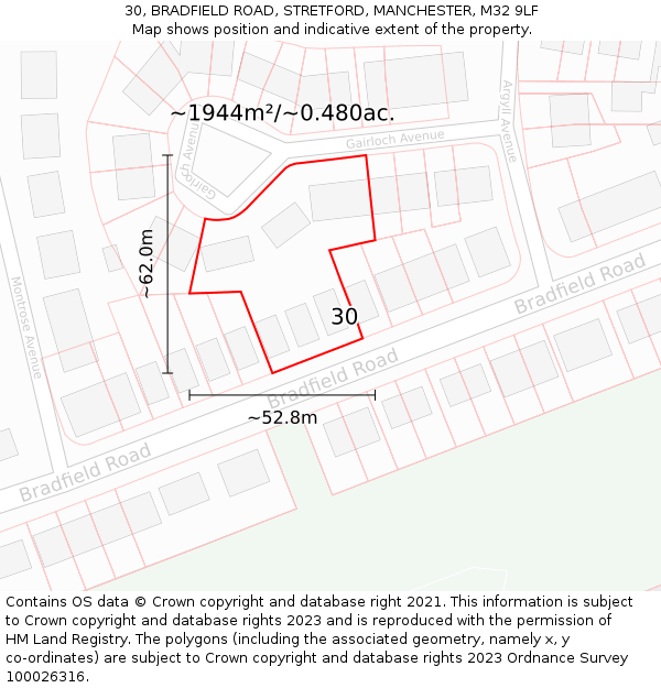 30, BRADFIELD ROAD, STRETFORD, MANCHESTER, M32 9LF: Plot and title map