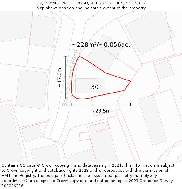 30, BRAMBLEWOOD ROAD, WELDON, CORBY, NN17 3ED: Plot and title map