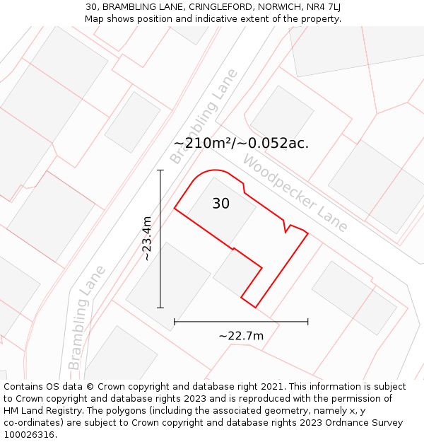 30, BRAMBLING LANE, CRINGLEFORD, NORWICH, NR4 7LJ: Plot and title map