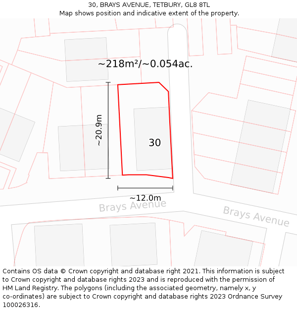 30, BRAYS AVENUE, TETBURY, GL8 8TL: Plot and title map