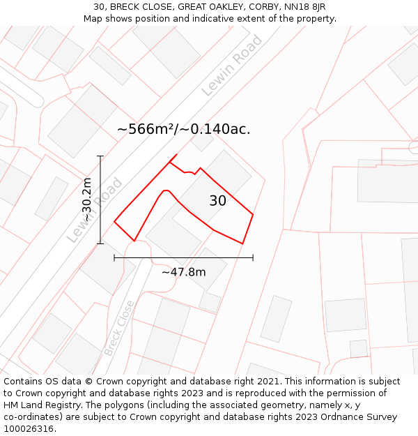 30, BRECK CLOSE, GREAT OAKLEY, CORBY, NN18 8JR: Plot and title map