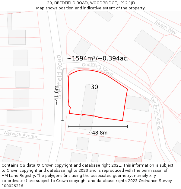 30, BREDFIELD ROAD, WOODBRIDGE, IP12 1JB: Plot and title map