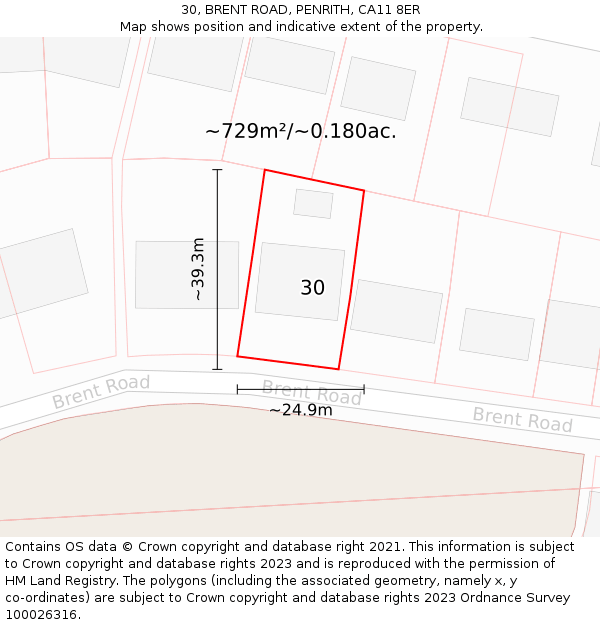 30, BRENT ROAD, PENRITH, CA11 8ER: Plot and title map