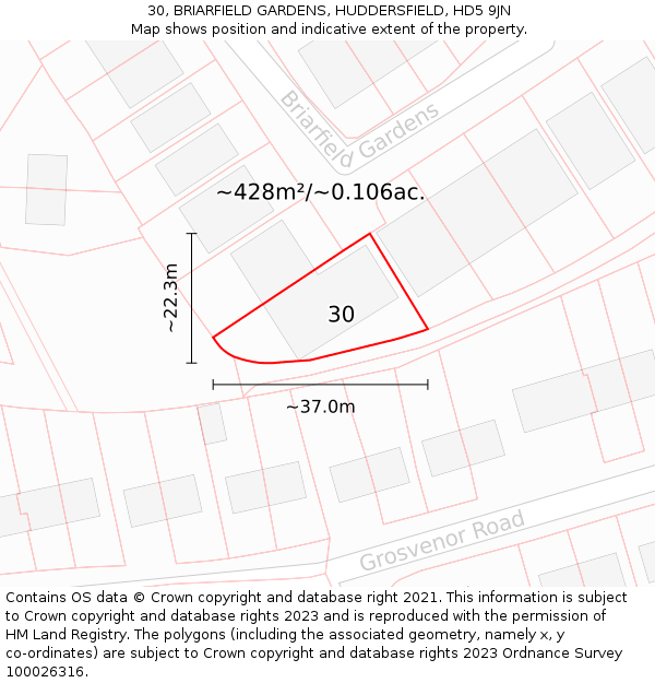 30, BRIARFIELD GARDENS, HUDDERSFIELD, HD5 9JN: Plot and title map