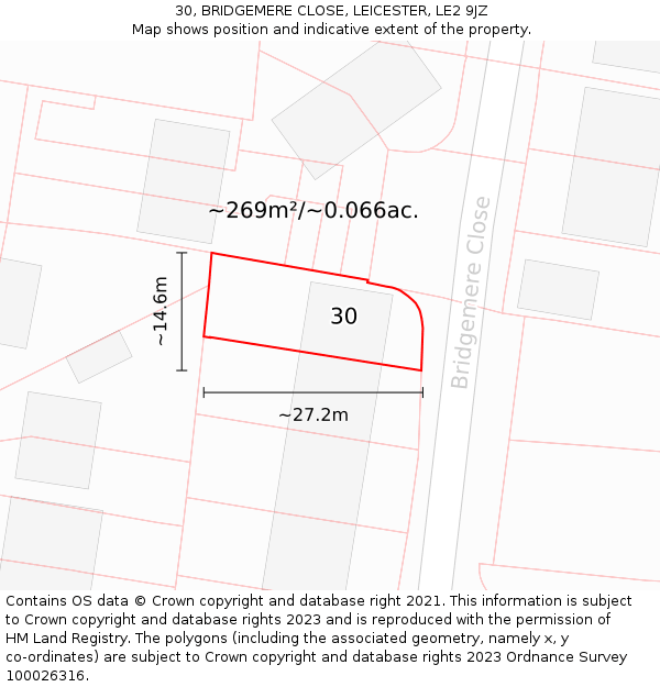 30, BRIDGEMERE CLOSE, LEICESTER, LE2 9JZ: Plot and title map
