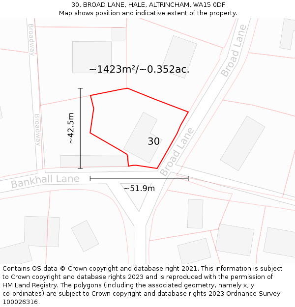 30, BROAD LANE, HALE, ALTRINCHAM, WA15 0DF: Plot and title map