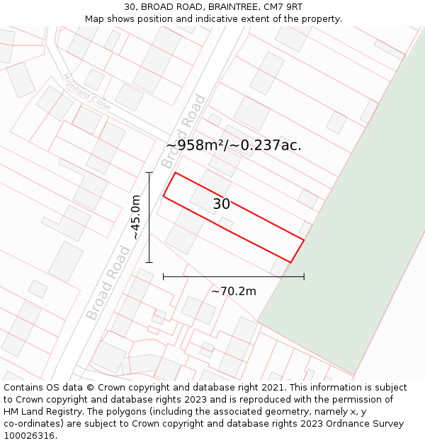 30, BROAD ROAD, BRAINTREE, CM7 9RT: Plot and title map