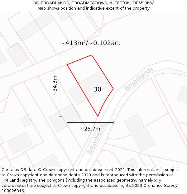 30, BROADLANDS, BROADMEADOWS, ALFRETON, DE55 3NW: Plot and title map