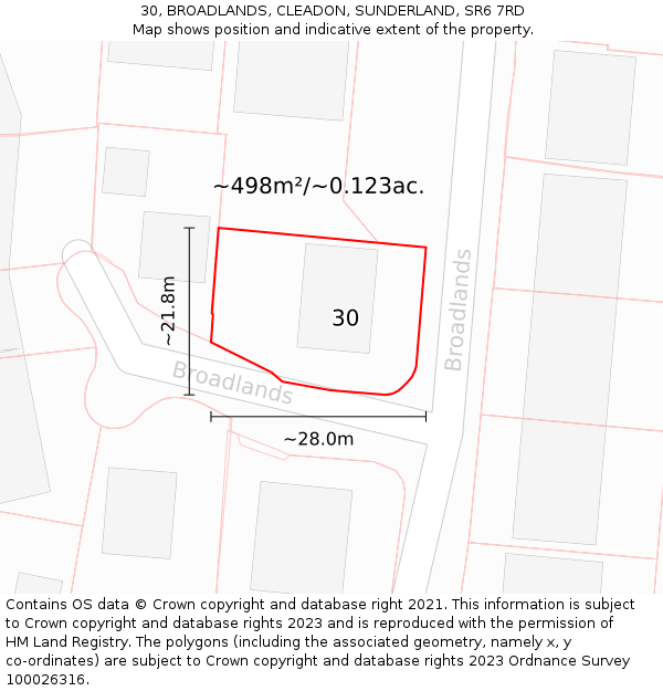 30, BROADLANDS, CLEADON, SUNDERLAND, SR6 7RD: Plot and title map