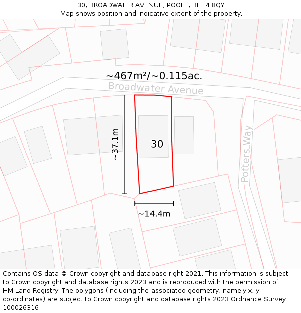 30, BROADWATER AVENUE, POOLE, BH14 8QY: Plot and title map