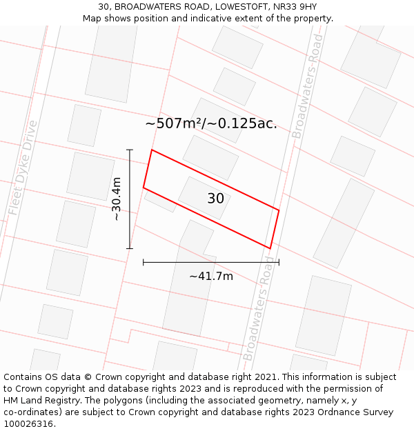 30, BROADWATERS ROAD, LOWESTOFT, NR33 9HY: Plot and title map