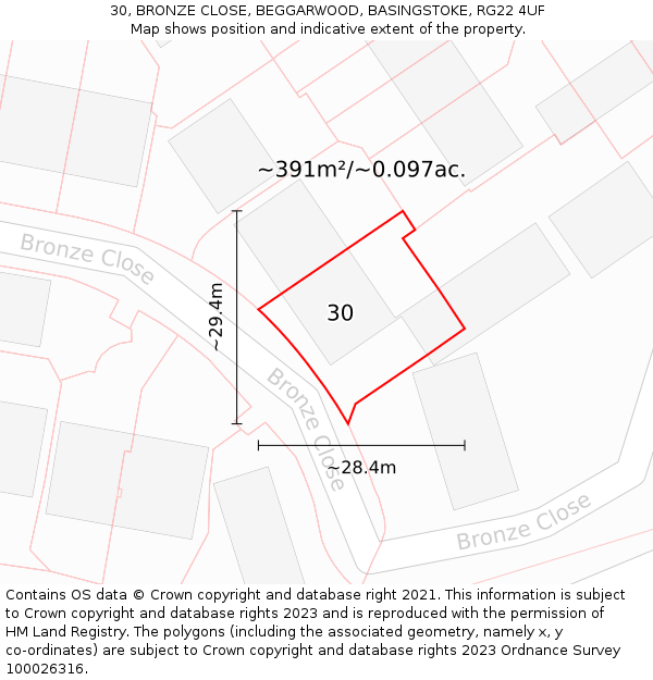 30, BRONZE CLOSE, BEGGARWOOD, BASINGSTOKE, RG22 4UF: Plot and title map