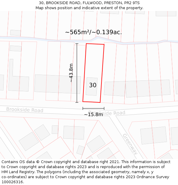 30, BROOKSIDE ROAD, FULWOOD, PRESTON, PR2 9TS: Plot and title map