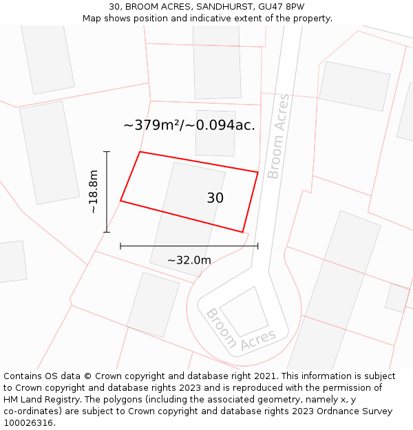 30, BROOM ACRES, SANDHURST, GU47 8PW: Plot and title map