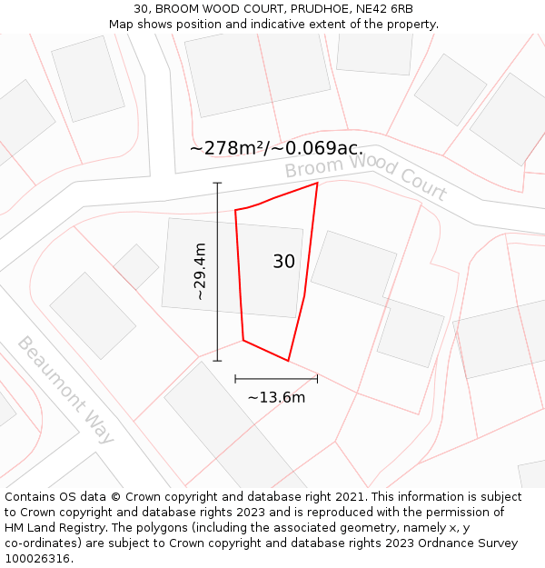 30, BROOM WOOD COURT, PRUDHOE, NE42 6RB: Plot and title map
