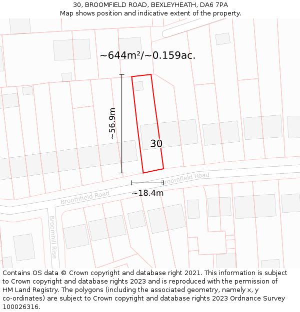 30, BROOMFIELD ROAD, BEXLEYHEATH, DA6 7PA: Plot and title map