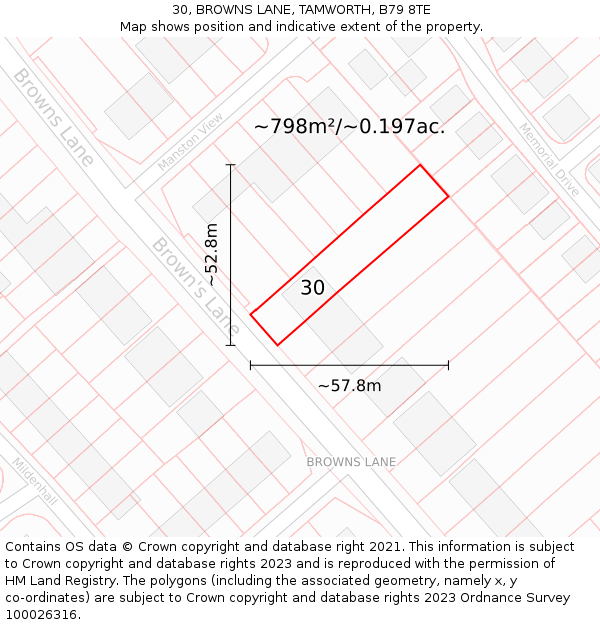 30, BROWNS LANE, TAMWORTH, B79 8TE: Plot and title map