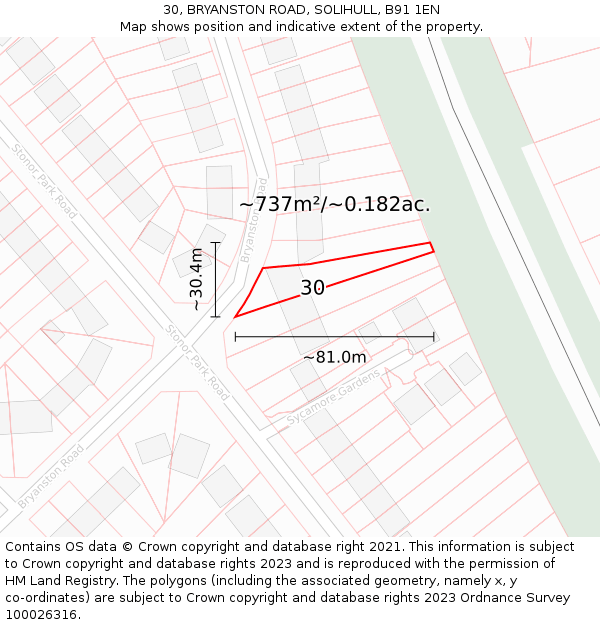 30, BRYANSTON ROAD, SOLIHULL, B91 1EN: Plot and title map