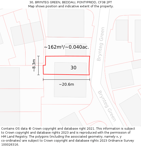 30, BRYNTEG GREEN, BEDDAU, PONTYPRIDD, CF38 2PT: Plot and title map