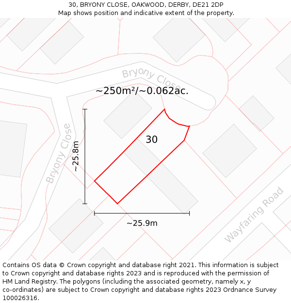 30, BRYONY CLOSE, OAKWOOD, DERBY, DE21 2DP: Plot and title map