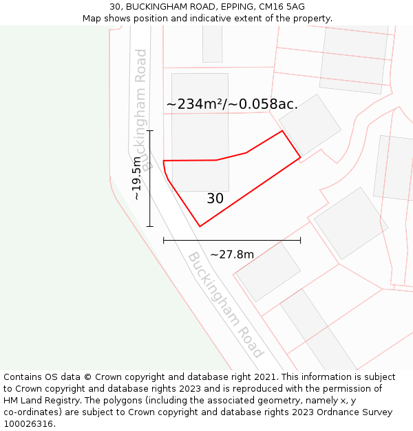 30, BUCKINGHAM ROAD, EPPING, CM16 5AG: Plot and title map
