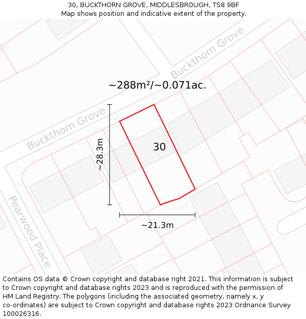 30, BUCKTHORN GROVE, MIDDLESBROUGH, TS8 9BF: Plot and title map