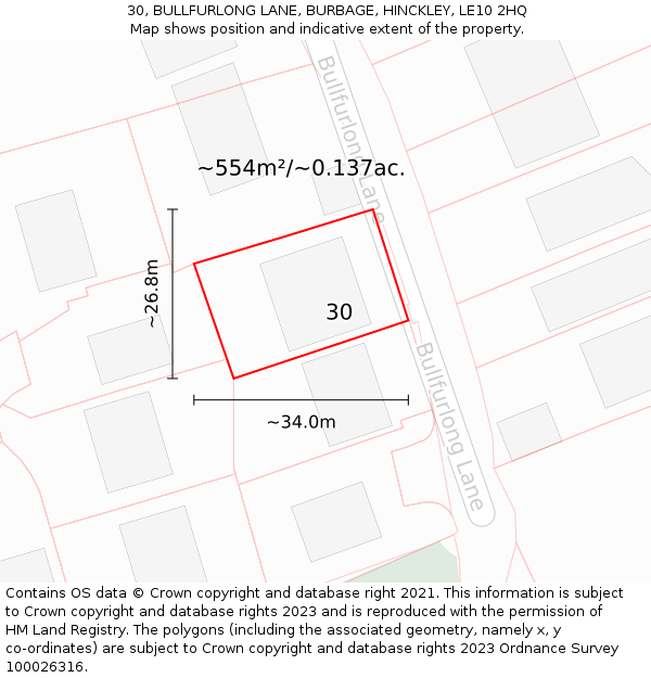30, BULLFURLONG LANE, BURBAGE, HINCKLEY, LE10 2HQ: Plot and title map