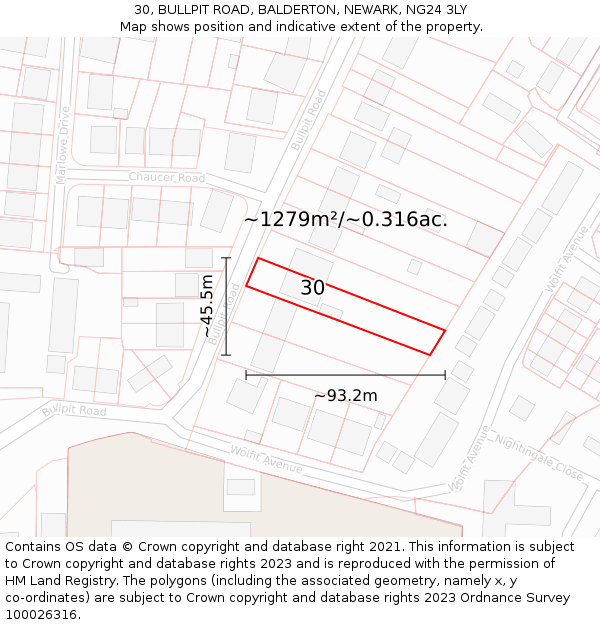 30, BULLPIT ROAD, BALDERTON, NEWARK, NG24 3LY: Plot and title map